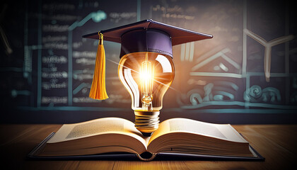 Wall Mural - Close-up of a bright light bulb wearing a graduation cap above an open book at school with a chalkboard on background. Education, learning on school and university or idea concept. Generative Ai.