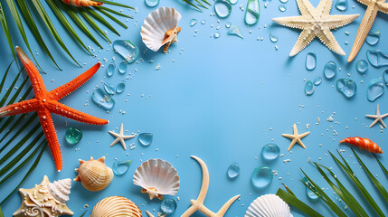 Wall Mural - blue background with beach vacation symbols,