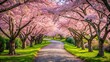 © tammanoon - Cherry blossom path winding through a serene landscape garden, Cherry blossom, path, landscape, garden, spring, nature, bloom