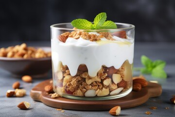 A sweet treat with nuts and yogurt in a glass