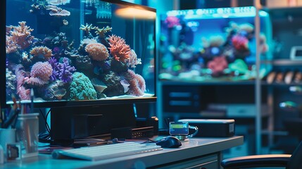 Poster - Workplace in the office over background of the aquarium : Generative AI