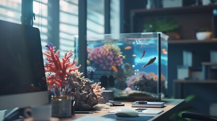 Poster - Workplace in the office over background of the aquarium : Generative AI
