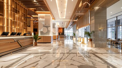 Poster - Light wooden and marble tile floor interior of modern cafe with double ceiling height Lobby bar in luxury design hotel hall with second split level : Generative AI
