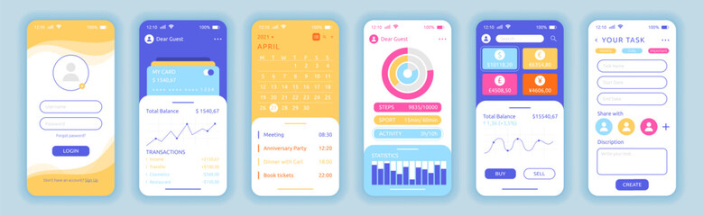 App UI. Phone screen interface application. Account login. Smartphone call and message. Cellphone finance dashboard. Schedule planner with calendar. Mobile graphic mockup. Vector garish templates set