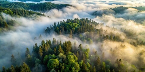 Wall Mural - Closeup aerial view of fog in a dense forest , fog, mist, forest, trees, nature, aerial view, closeup, atmosphere
