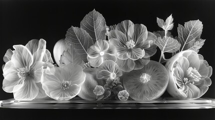 Poster - X-ray scan of a basket of fruit, showing the seeds, pulp, and skin of each fruit.