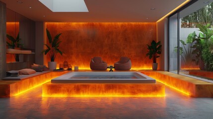 Wall Mural - The soothing glow of LED strips infusing a modern basement with warmth and ambiance, transforming it into a serene nighttime