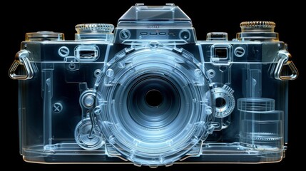 Sticker - X-ray scan of a vintage camera, revealing the lenses, film compartment, and shutter mechanism.