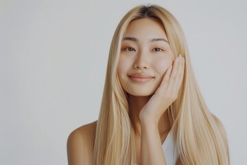 Wall Mural - Skincare commercial, portrait of beautiful asian woman with long straight blonde hair touching her face and smiling softly while standing against white background, skin care advertising concept