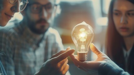 Poster - Young business people are discussing together a new startup project A glowing light bulb as a new idea : Generative AI