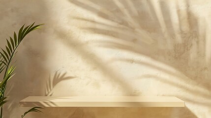 Aufkleber - Empty shelf on a beige textured plaster wall background with aesthetic floral sun light shadows product stand or podium design template for business branding advertisement mockup with  : Generative AI