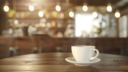 Poster - Empty coffee table over defocused coffee shop background with copy space : Generative AI