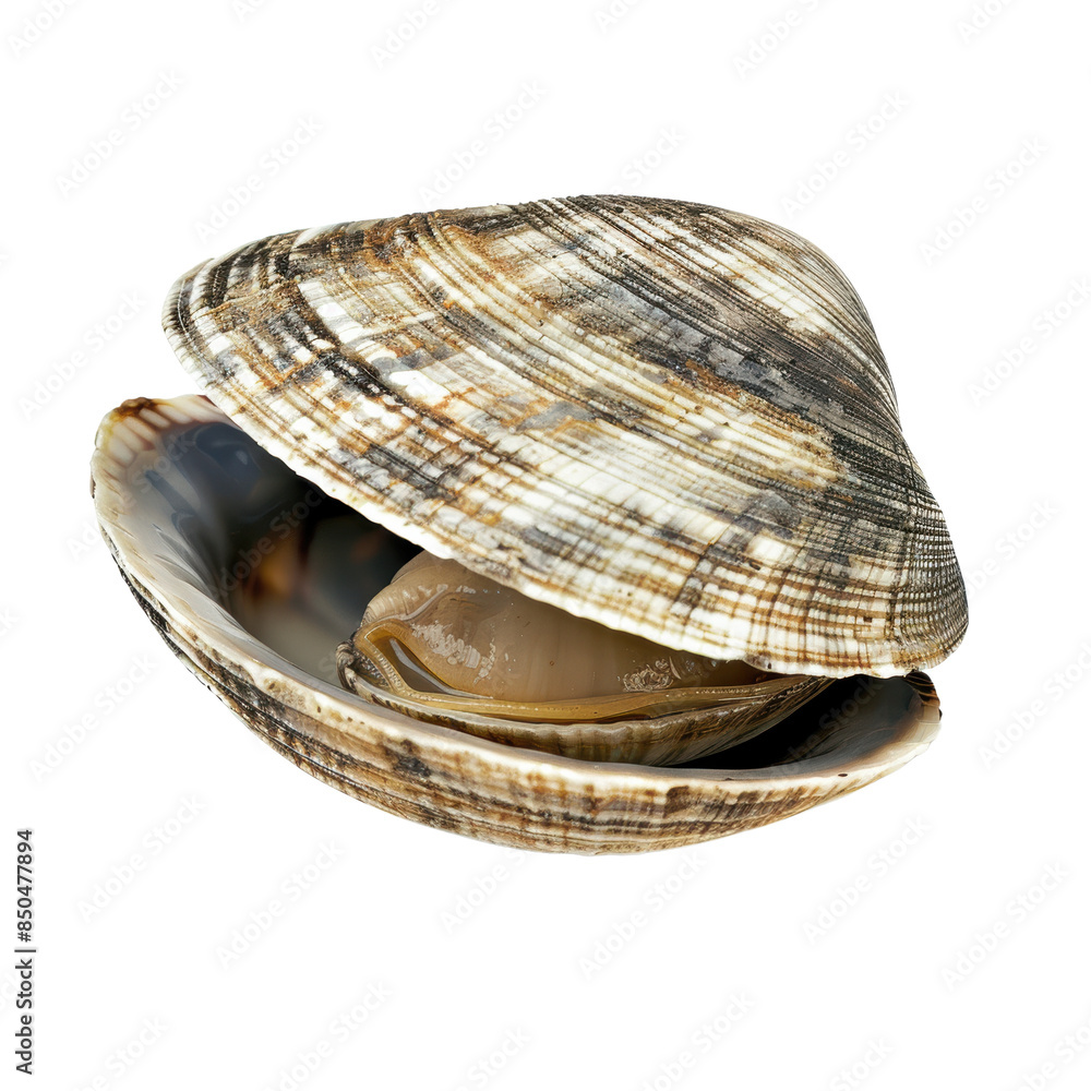 Close-up of an open clam showing its detailed shell texture and inner ...