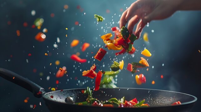 Closeup view of chefs hand throws up frying mix of colored vegetables above the pan on dark blue background Backstage of cooking meal Frozen motion Food banner concept : Generative AI