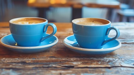 Aufkleber - Closeup image of two blue cups of hot latte coffee and Americano coffee on vintage wooden table in cafe : Generative AI