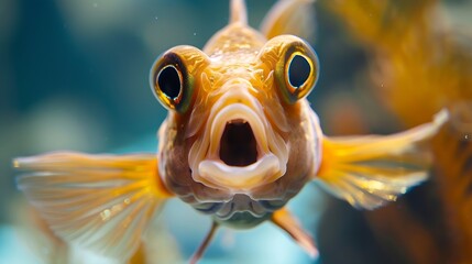 A fish with wide open mouth and big eyes in fishtank Surprised shocked or amazed face front view : Generative AI