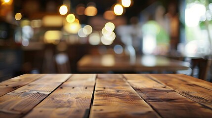 Leinwandbilder - Empty wooden table space platform and blurred cafe or restaurant background for product display montage : Generative AI