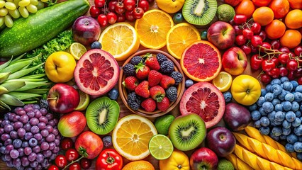 Wall Mural - Top view of a variety of fresh fruits in bright rainbow colors, fresh, fruits, top view, vibrant, colorful, rainbow