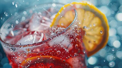 A close-up shot of a glass of water with a slice of lemon floating on the surface