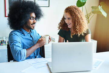 Wall Mural - People, laptop or copywriter with paperwork in meeting for teamwork, conversation or discussion. Coffee, documents or happy editors writing in workspace for planning, startup ideas or collaboration