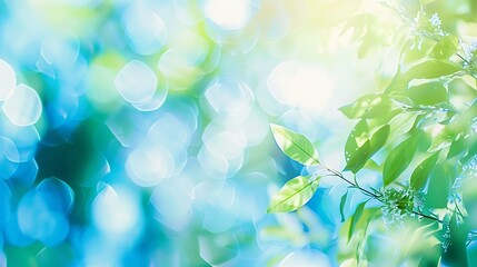 Poster - Summer background of blue and green blurred foilage and sky with bright bokeh Blurry abstract summer background Natural green leaves using as cover page greenery environment ecology ba : Generative AI