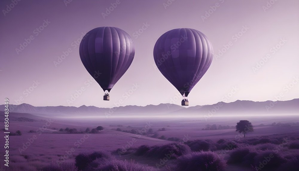 Hot air balloon floating in a clear purple sky with copy space ...