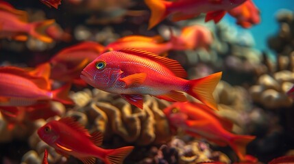 Wall Mural - A school of bright red fish in the coral reef of the Red Sea : Generative AI