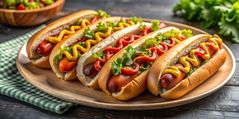 Wall Mural - Plate of hot dogs on countertop , delicious, food, snack, lunch, sausage, condiments, mustard, ketchup, savory