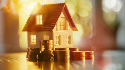 Poster - Property taxinvestment planningbusiness real estate View Of coin stack with house model mortgage loading real estate property with loan money bank conceptHome sales and home insurance  : Generative AI