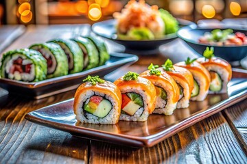 Close-up photo of three plates of assorted sushi and rolls on a table in a Japanese restaurant or kitchen, food