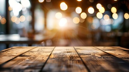 Poster - Empty wooden table and blurred background of abstract in front of restaurant or coffee shop for display of product or for montage : Generative AI