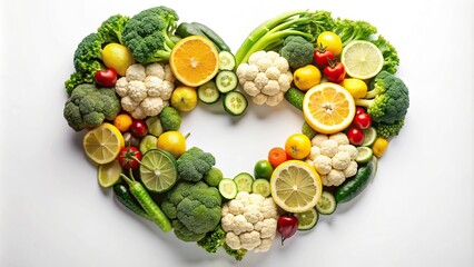 Wall Mural - Heart shape made of fresh vegetables and fruits like broccoli, cauliflower, cucumber, and lemons , healthy eating, organic