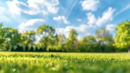 Poster - Beautiful blurred background image of spring nature with a neatly trimmed lawn surrounded by trees against a blue sky with clouds on a bright sunny day : Generative AI