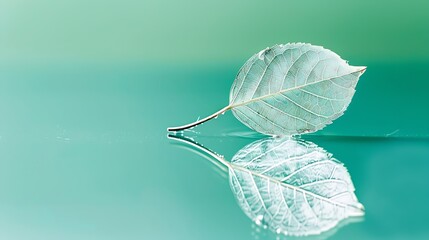 Poster - White transparent leaf on mirror surface with reflection on turquoise background macro Artistic image of ship in water of lake Dreamy image nature free space : Generative AI