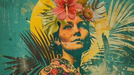 Wall Mural - Era of the 70s with a retro collage featuring a portrait of a woman. Nostalgic charm of vintage aesthetics