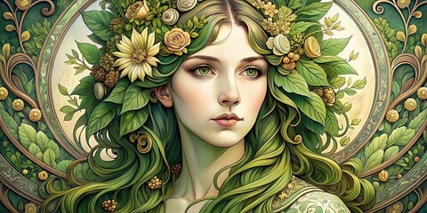 Wall Mural - Art Nouveau styled woman with long hair adorned with green leaves and flowers , Art Nouveau, woman, long hair, green leaves