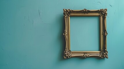 Aufkleber - Vintage openwork bronze metal frame on a blue wall background empty picture frame mockup : Generative AI