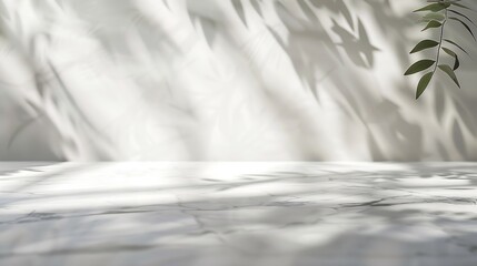 Poster - Minimalistic light background with blurred foliage shadow on a light wall Beautiful background for presentation with with marble floor : Generative AI