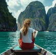 © olegganko - Woman Painting in a Longtail Boat Surrounded by Green Limestone Cliffs in Thailand