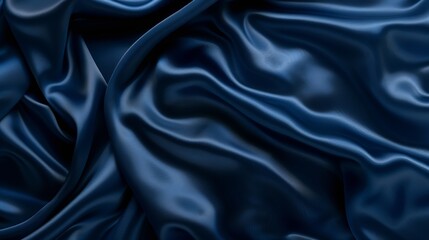 Poster - Dark blue silk satin Soft folds Fabric Navy blue luxury background Space for designWavy lines Banner Flat lay top view table Beautiful Elegant Birthday Christmas Valentines Day : Generative AI