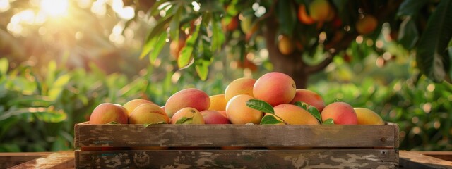 Wall Mural - Ripe Mangoes in a Wooden Crate Under a Sunny Orchard Tree