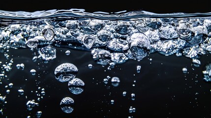 Poster - Slow motion air bubbles in water rising up to the surface on isolated black background Slowmotion air bubbles floating under transparent water bubbles in aquarium : Generative AI