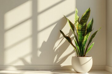 Wall Mural - A Single Snake Plant In A White Pot With Light Filtering Through A Window
