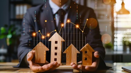 Aufkleber - Real estate investment concept Businessman holding wooden model houses and virtual graph real estate growth in the future finance banking lending and trading : Generative AI