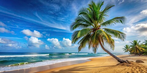 Wall Mural - Tropical beach scene with a palm tree in Sri Lanka, tropical, beach, palm tree, Sri Lanka, paradise, vacation, sand, ocean