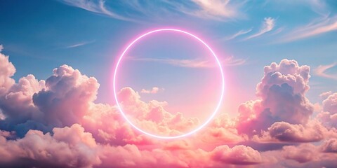 Wall Mural - Glowing pink circle in sky with clouds and water , glow, pink, circle, sky, clouds, water, , dreamy, surreal, fantasy