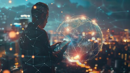 Poster - Digital technology internet global network technology concept Business man using digital tablet computer with global internet network connection smart city background data exchange eco : Generative AI