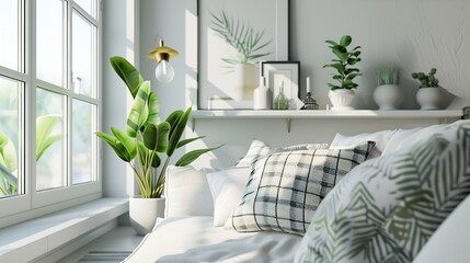 Wall Mural - Living room with scandinavian interior comfortable couch with pillows and soft plaid near window green plant in pots and picture on wall shelf Stylish apartment with design in light to : Generative AI