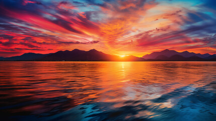 Wall Mural - Vibrant Sunset Over Mountainous Lake