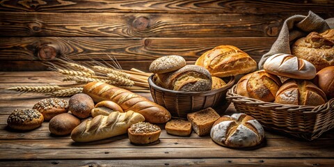 Wall Mural - Freshly baked bread and rolls on a rustic wooden table, bread, rolls, bakery, food, delicious, tempting, assortment, wood